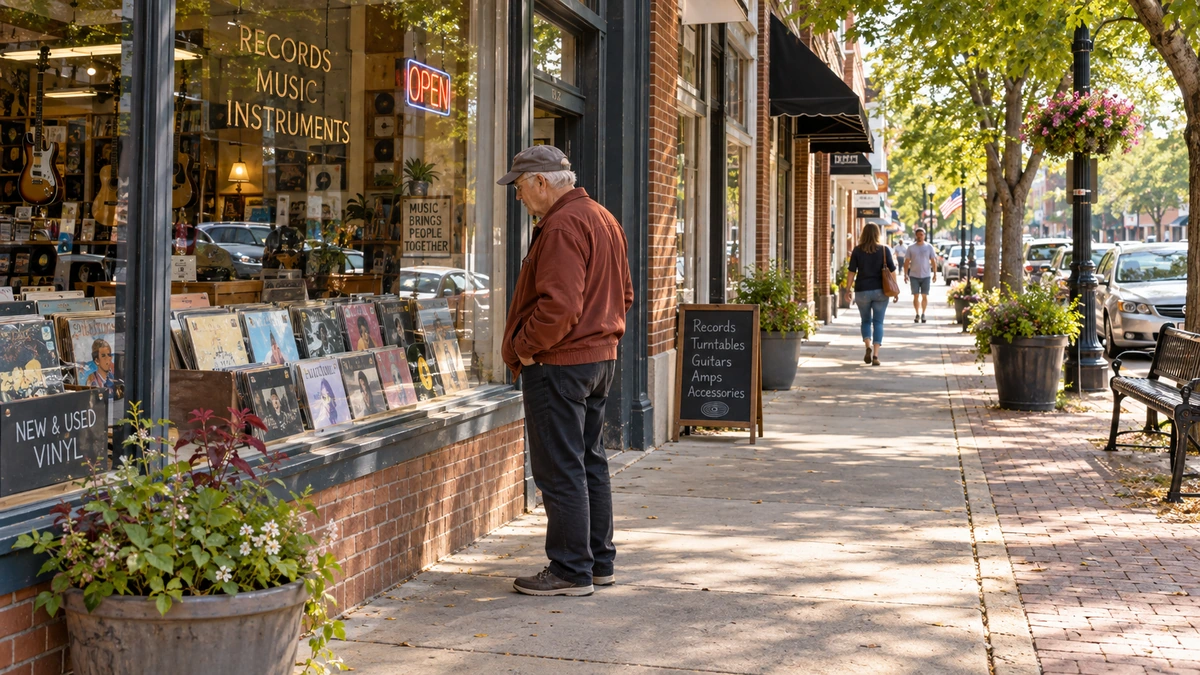 An older man looks at records and guitars in a Florence-style shop window