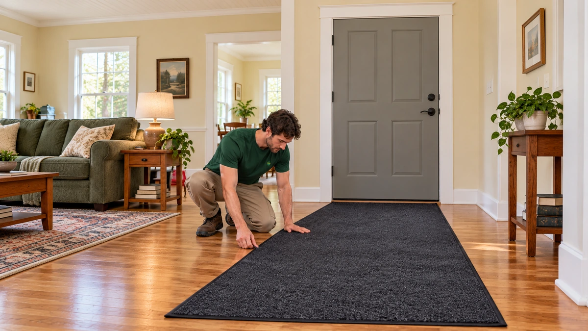 A mover smooths a protective floor runner beside a closed front door in a furnished Alabama home