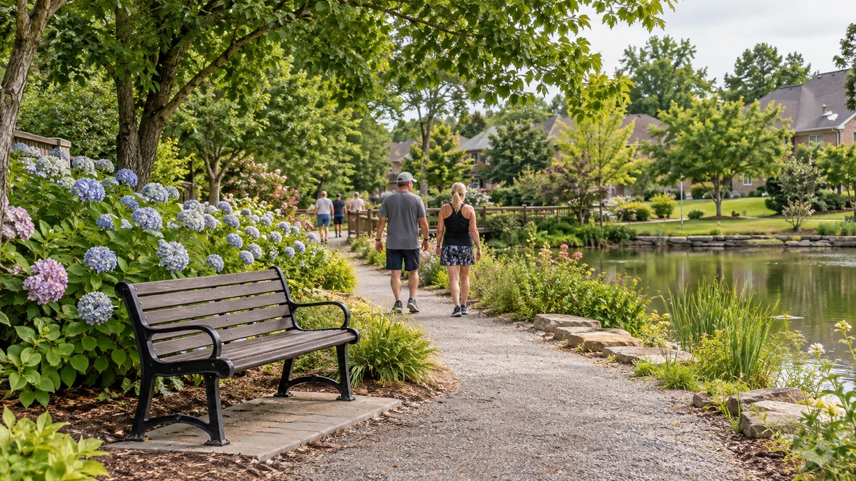 Residents walk beside a pond and planted garden in a Hoover-style neighborhood