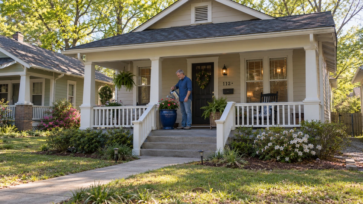 A man waters a blue planter on the covered porch of a Huntsville-style bungalow