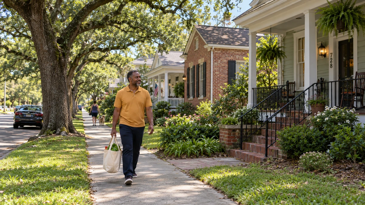A man carries a canvas grocery bag past shaded porches in a Mobile-style neighborhood