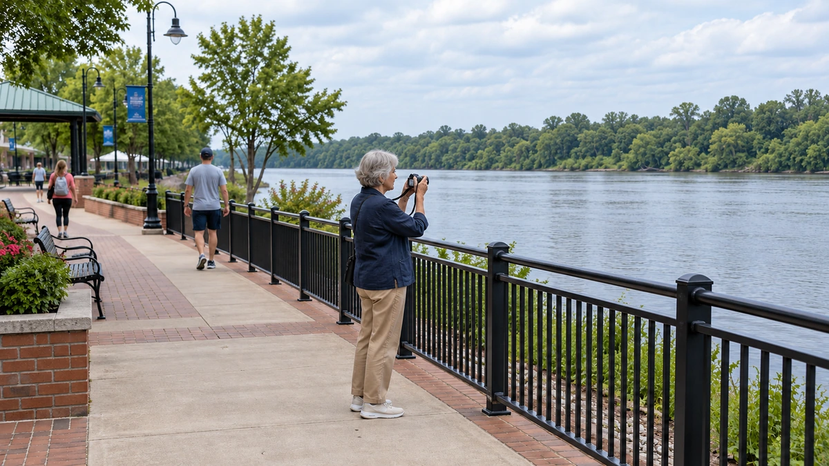 An older woman photographs a broad river from a paved Montgomery-style riverwalk