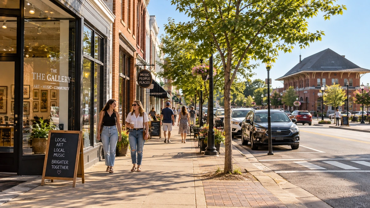 Residents walk along an Opelika-style downtown sidewalk beside brick shops
