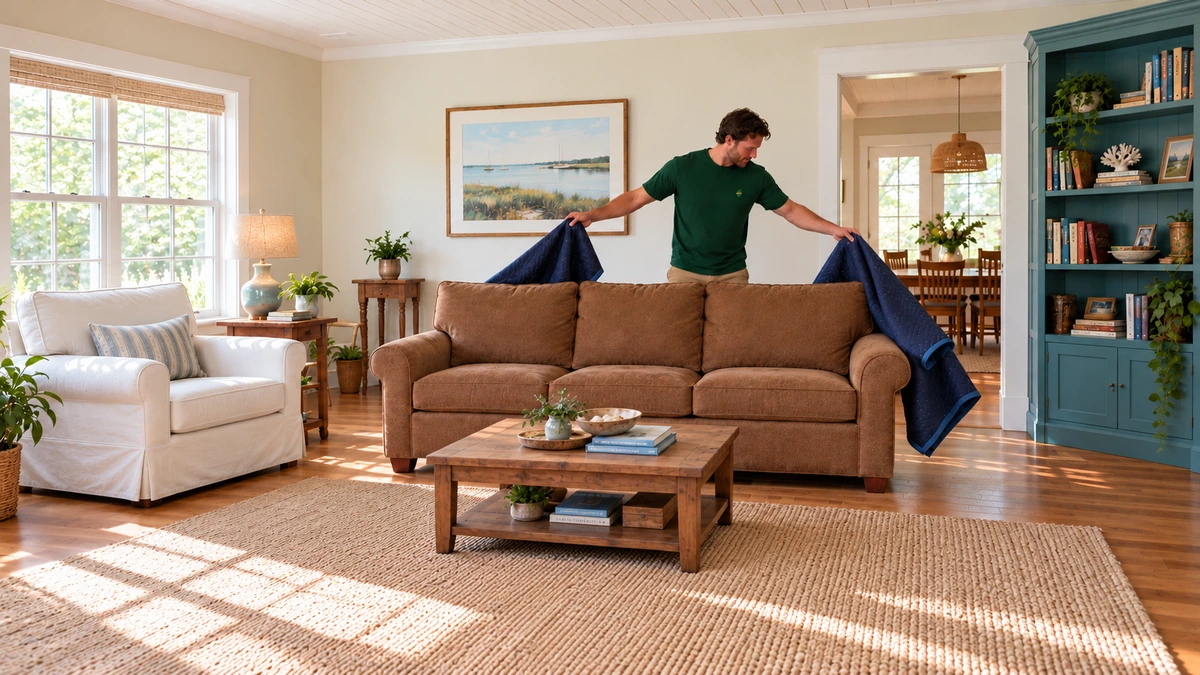 A mover removes two separate moving pads from a brown sofa in a furnished Alabama living room