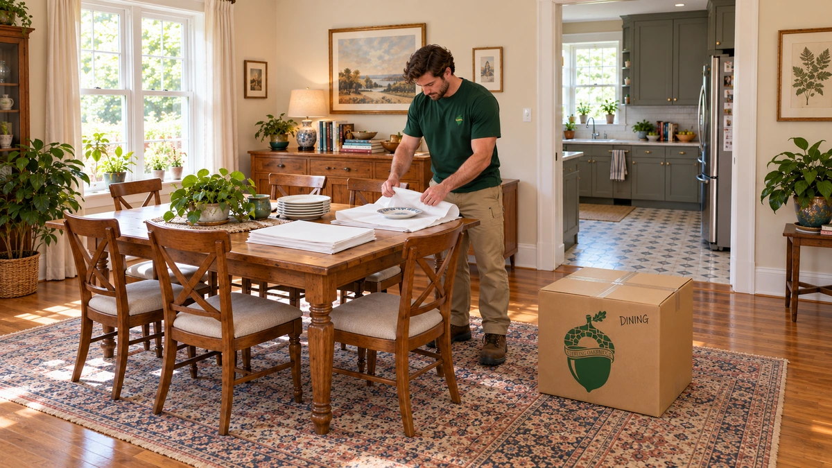 A mover folds packing paper around a plate beside a marked company carton in an Alabama dining room