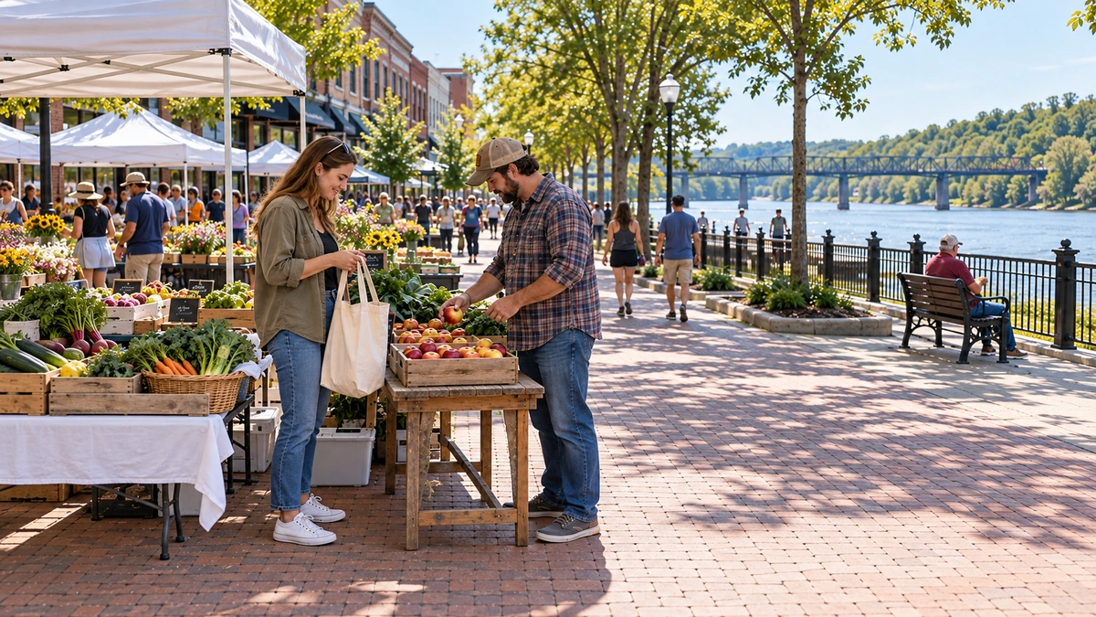 Two shoppers choose apples at a Tuscaloosa-style outdoor produce market