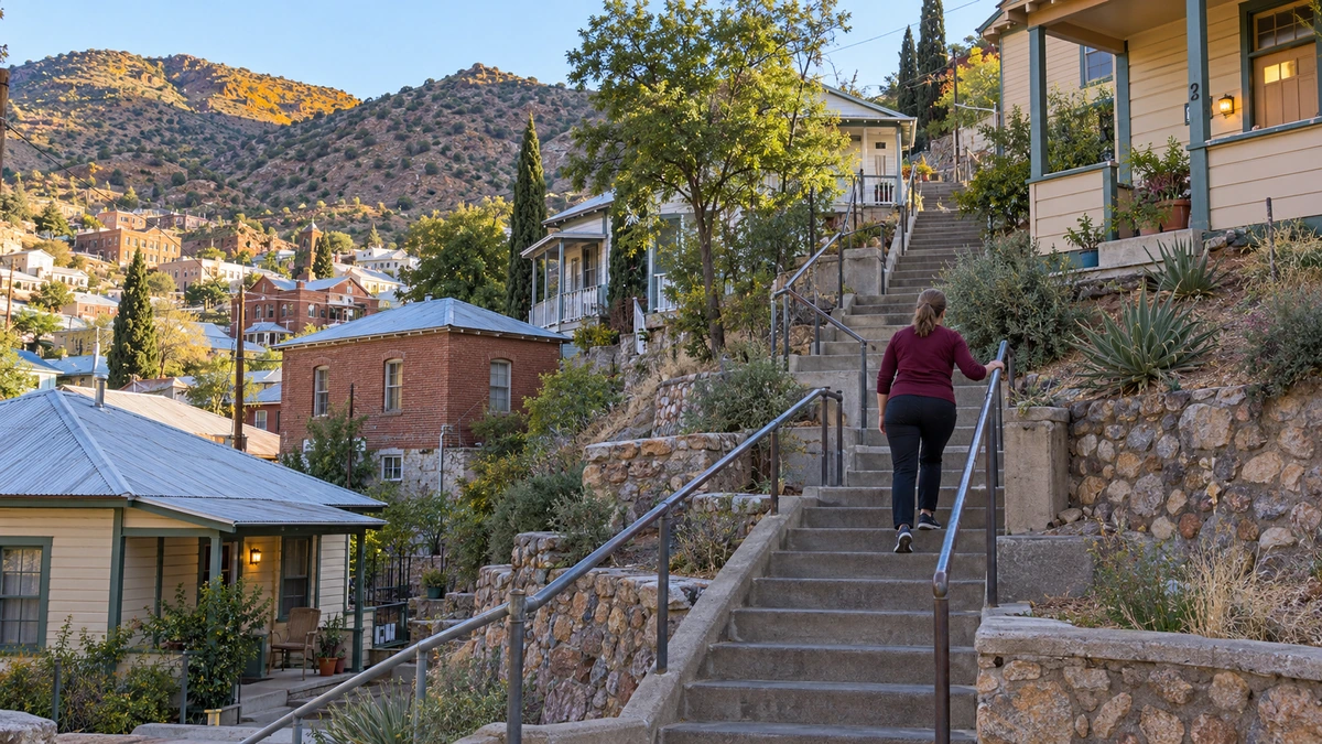 Bisbee hillside homes and connected stair approaches A woman climbs a public stair between older hillside homes in a Bisbee-style neighborhood