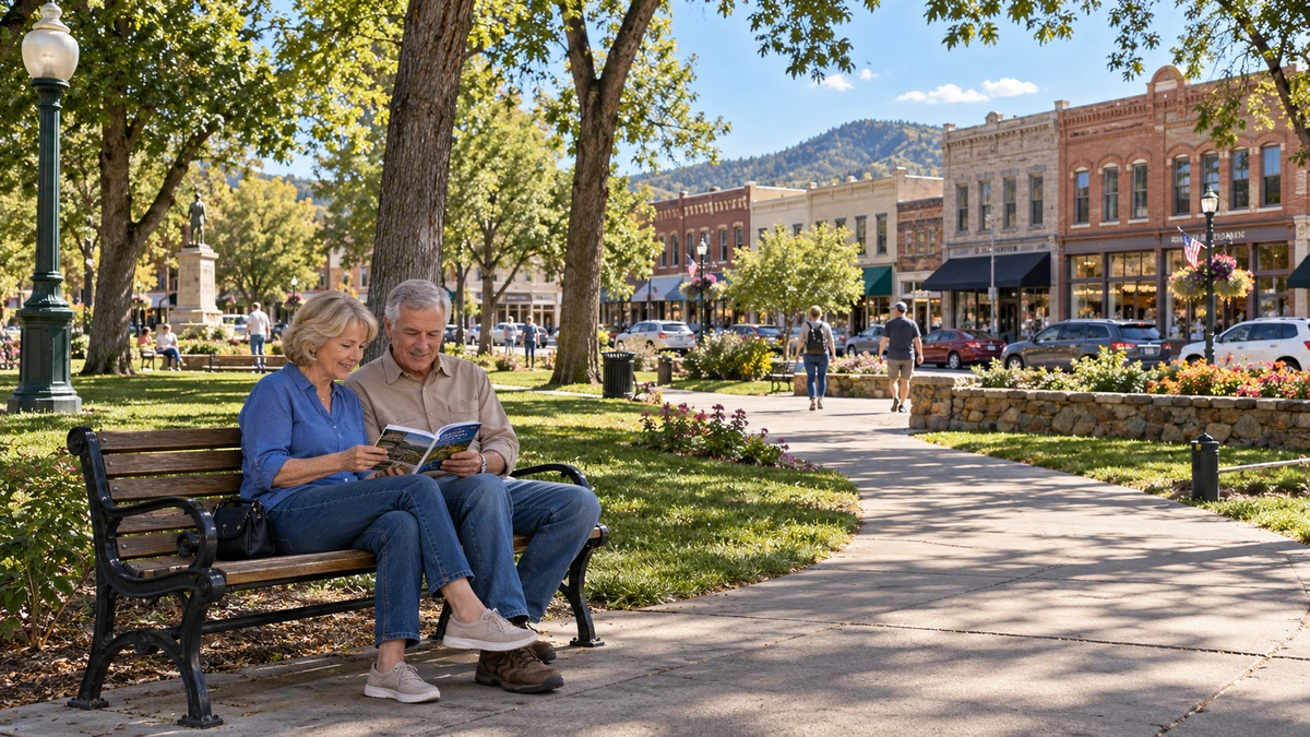 Prescott leafy square and historic commercial frontage An older couple reads together on a bench in a Prescott-style public square