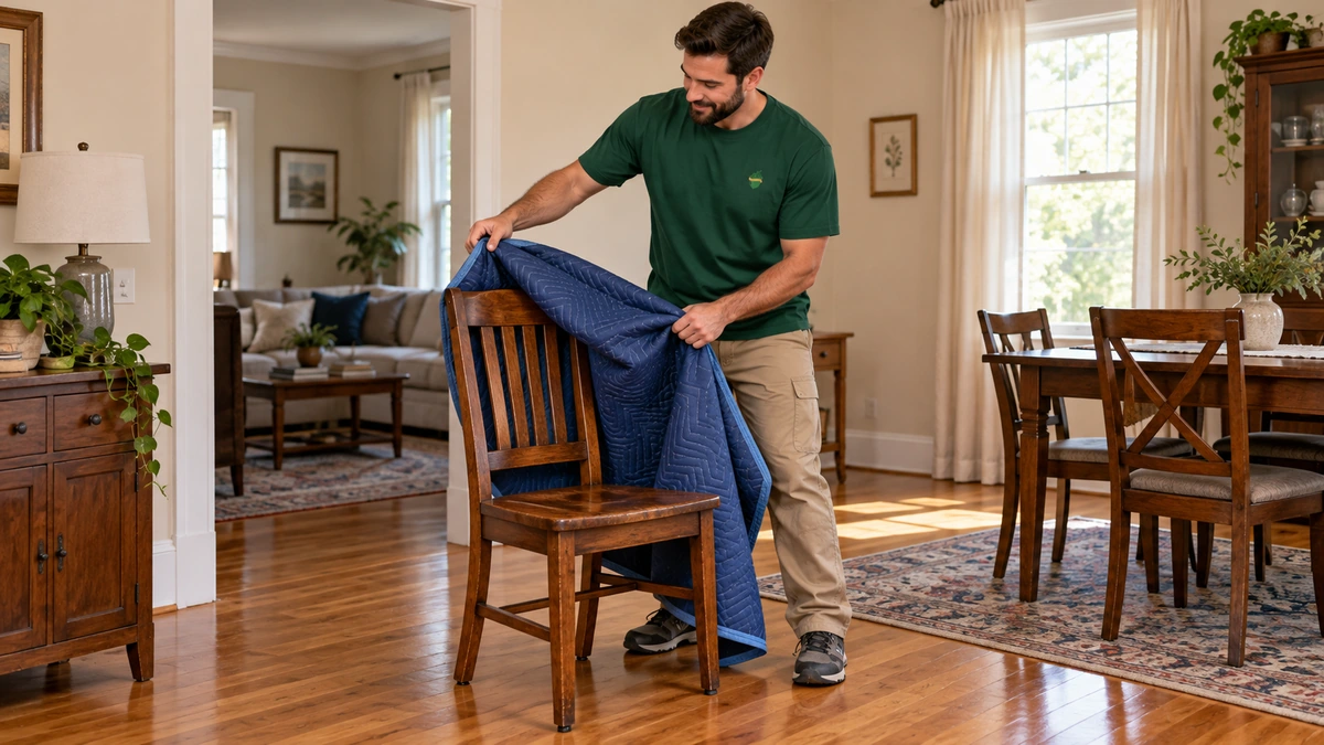 Furniture unwrapping at a Georgia home A mover draws a loose moving quilt off a wooden chair already standing on a Georgia home floor
