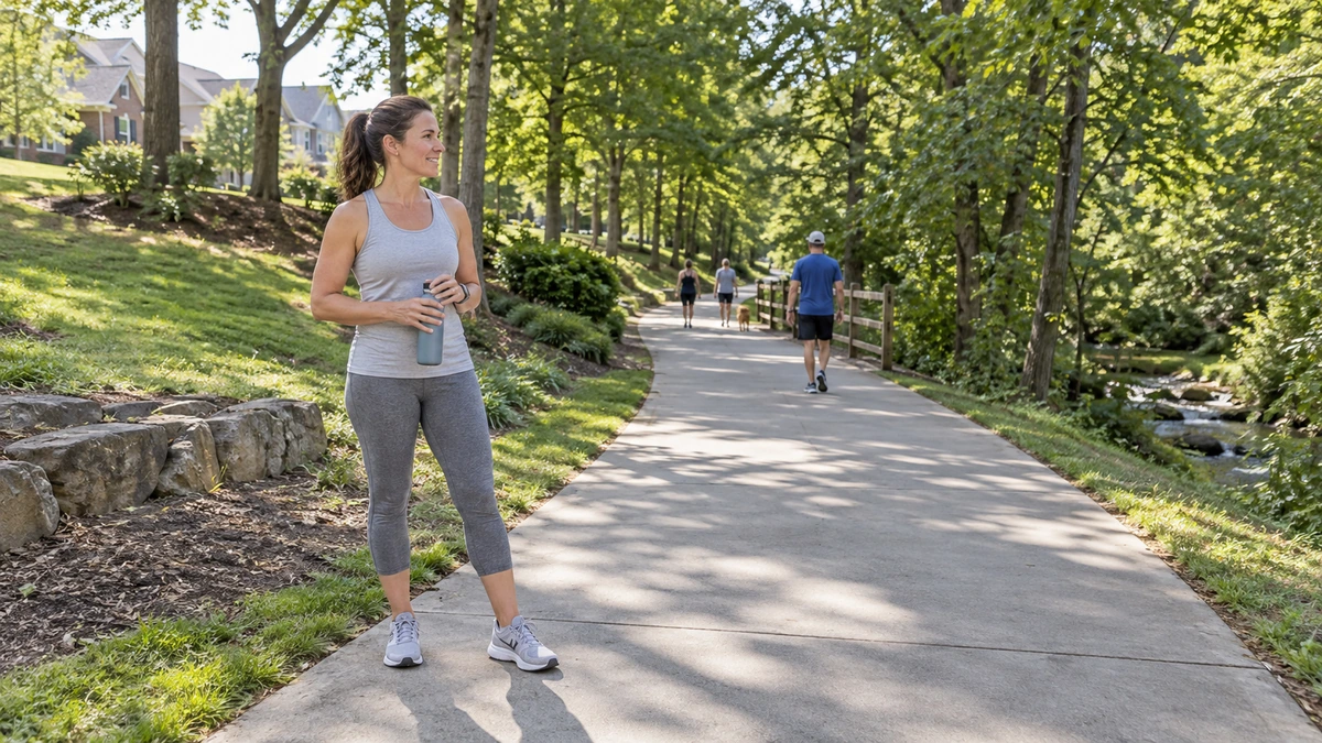 Alpharetta greenway and neighborhood shade A woman holds a water bottle beside a leafy paved greenway in an Alpharetta neighborhood setting