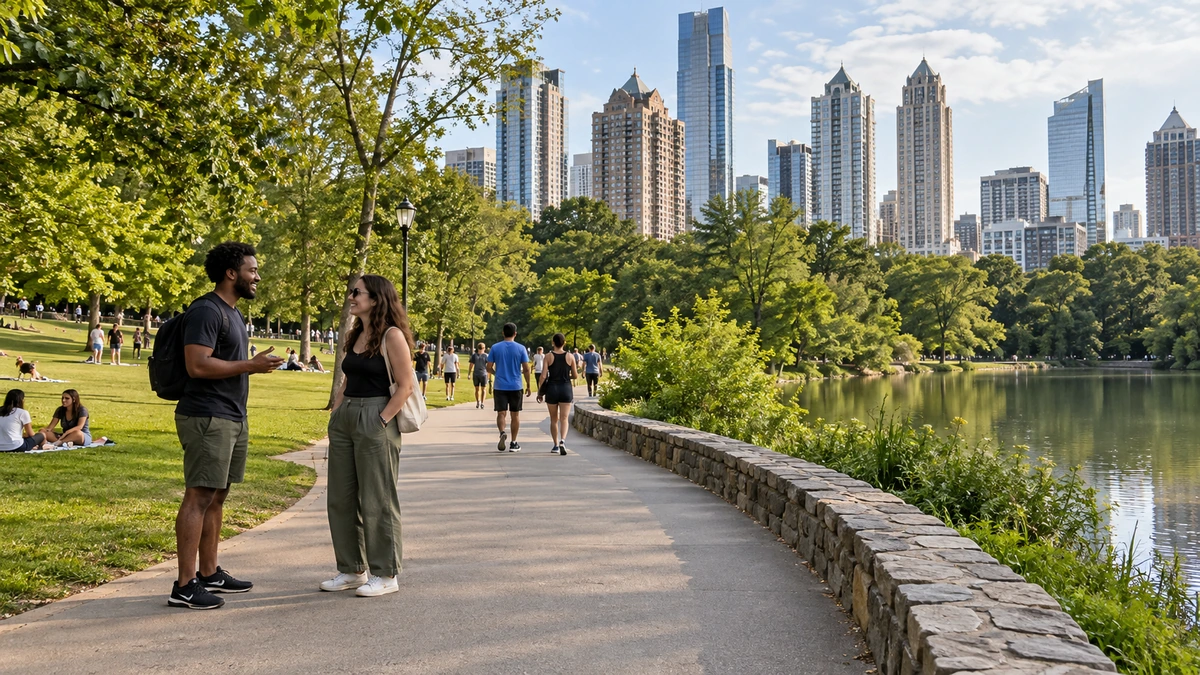 Atlanta park life and an urban skyline Two friends talk beside a paved Atlanta park path with trees, water and tall city buildings beyond