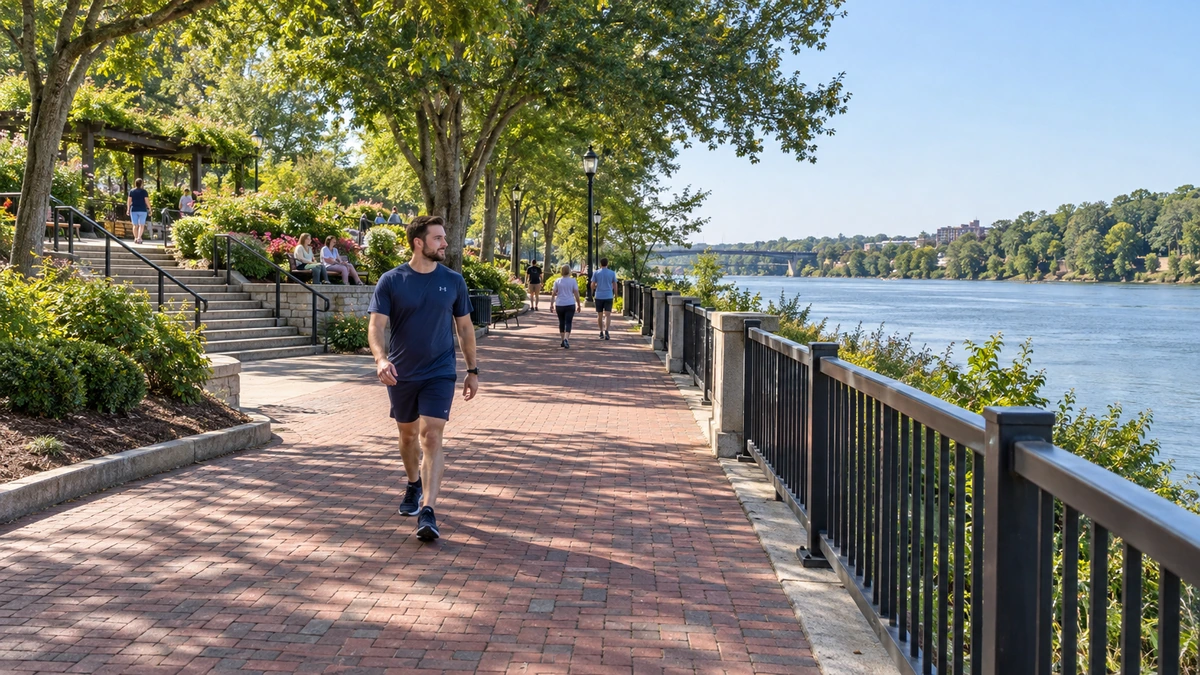 Augusta riverside walk and garden terraces A man walks along a brick riverside path beside planted terraces in an Augusta riverwalk setting