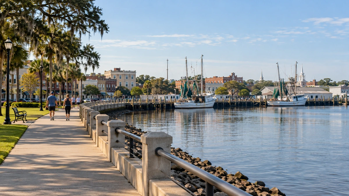 Brunswick mainland waterfront and working boats Walkers follow a public waterfront beside working boats in a Brunswick coastal town setting
