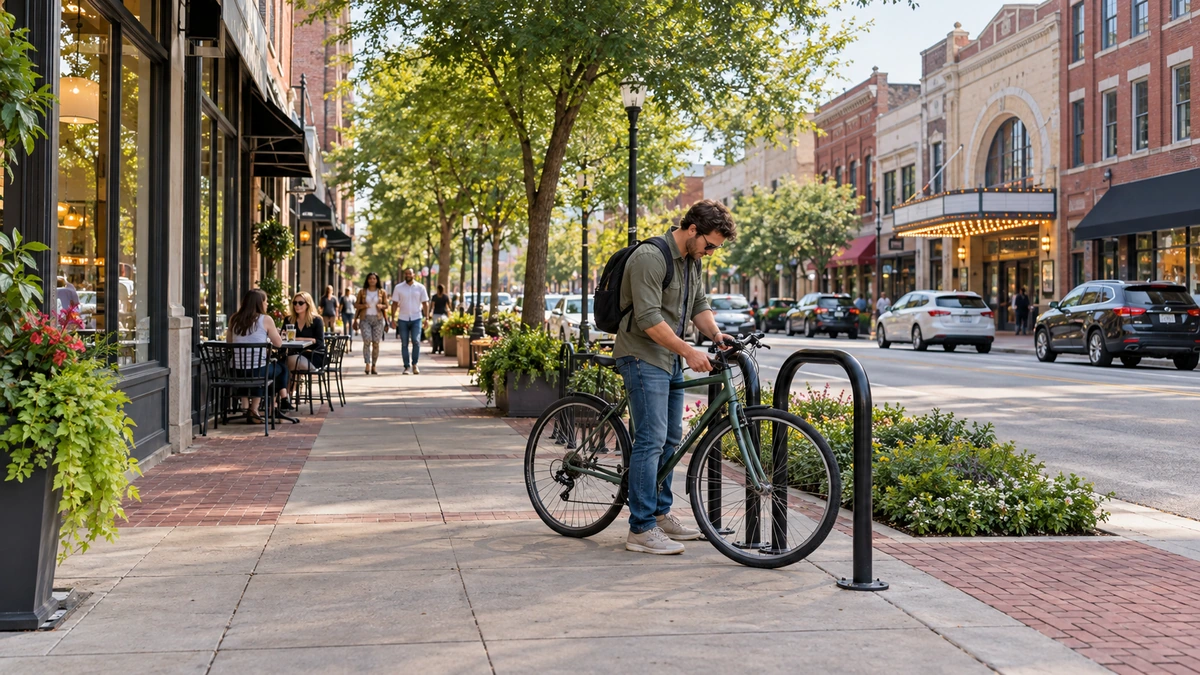 Columbus arts-block street and a bicycle stop A man stands with a bicycle at a rack beside brick downtown shop fronts in a Columbus setting