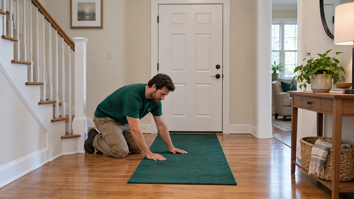 Georgia entry floor prepared with a protective runner A mover smooths a short protective runner on a Georgia townhome entry floor