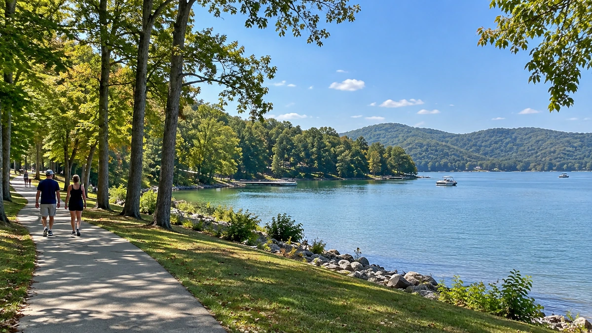 Gainesville regional lake setting and a shaded shoreline path Walkers follow a shaded path beside a wooded lake in the Gainesville region
