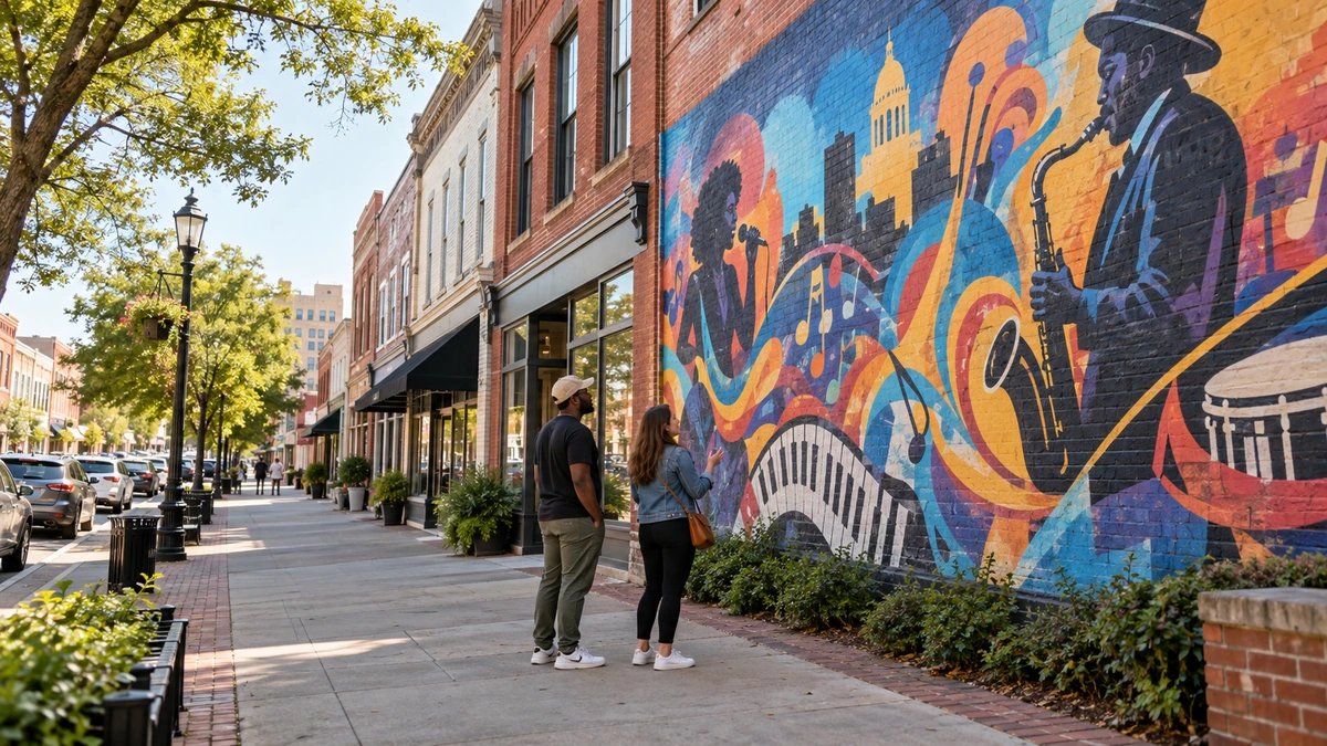Macon downtown streets and musical public art Two residents look at a colorful music-inspired mural on a brick wall in a Macon downtown setting