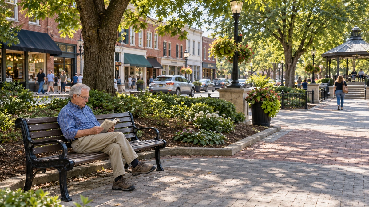 Marietta square shops and a shaded reading bench An older man reads a book on a bench beside a shaded Marietta square