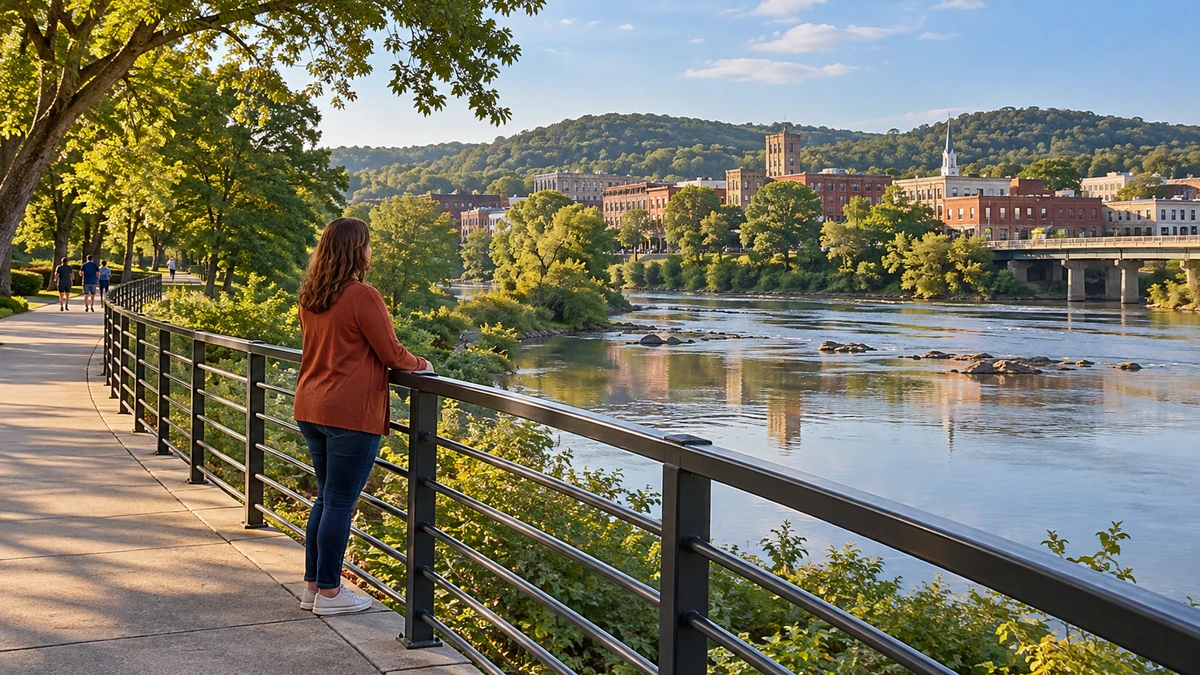 Rome riverfront greenway and a town view A woman looks across a river from a paved greenway in a Rome Georgia town setting