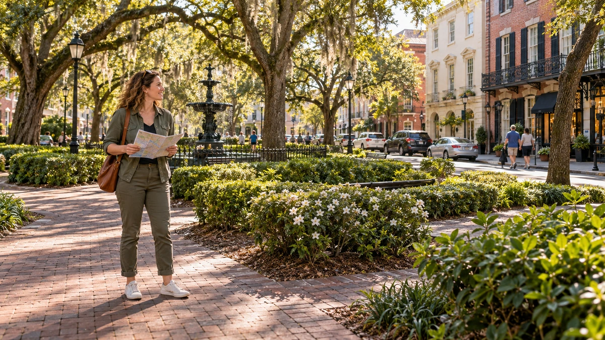 Savannah square with live oaks and older town buildings A woman holds a folded map beside a brick path in a shaded Savannah square