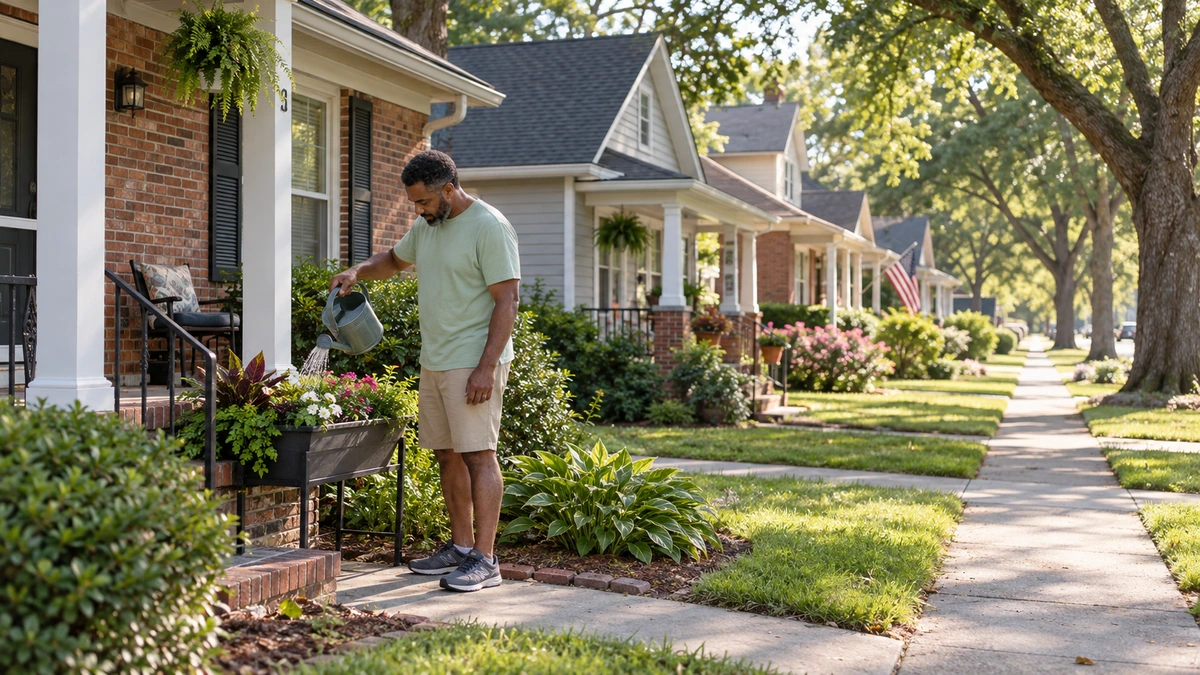 Valdosta neighborhood garden and a porch-side planter A man waters flowers beside the porch of a brick home in a leafy Valdosta neighborhood setting