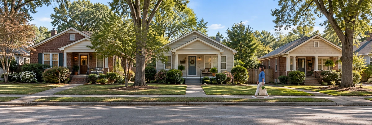 A woman carries a market tote along a sidewalk beside brick and wood-sided Georgia bungalow homes