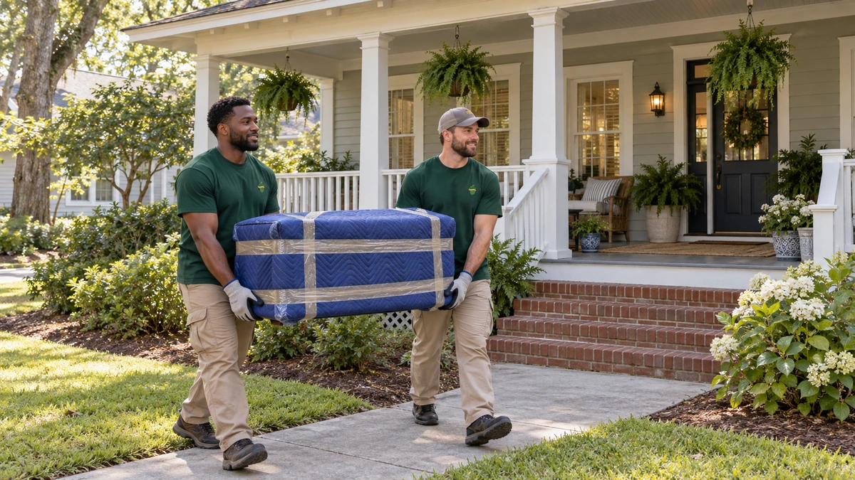 Protected furniture on a Georgia front walk Two movers carry a blanket-protected compact chest along the paved walk beside a Georgia porch