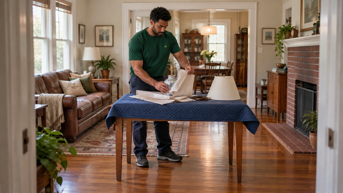 Selected lamp packing in a furnished Georgia home A mover folds packing paper around a ceramic lamp base resting on a padded table