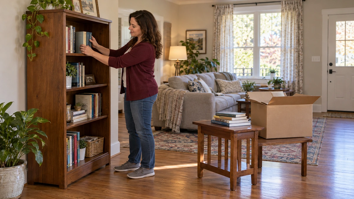 Settling into a Georgia home with books and household essentials A resident places books on a wooden shelf beside an open plain carton in a Georgia living room