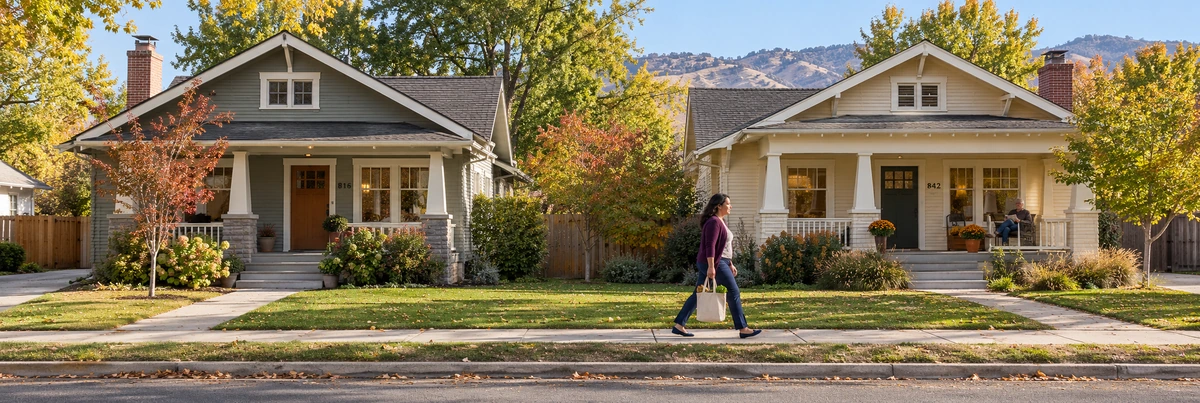 A woman carries a canvas grocery bag past two Craftsman bungalows