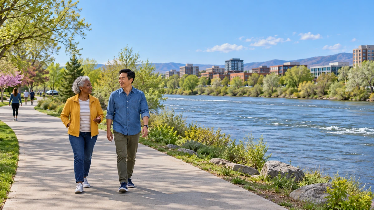 Two adults walk along a public river path