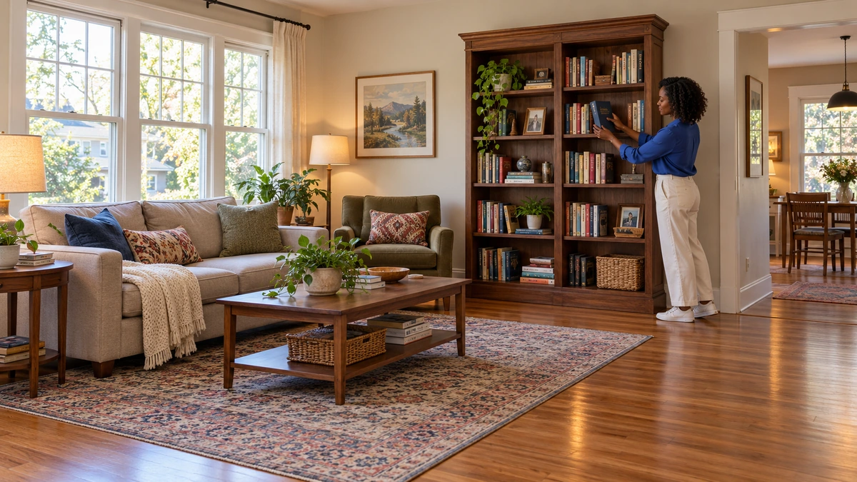 A woman holds a book beside a living-room shelf