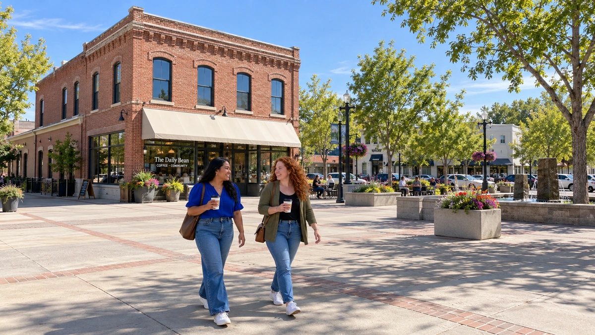 Two women carry takeaway coffees across a public plaza