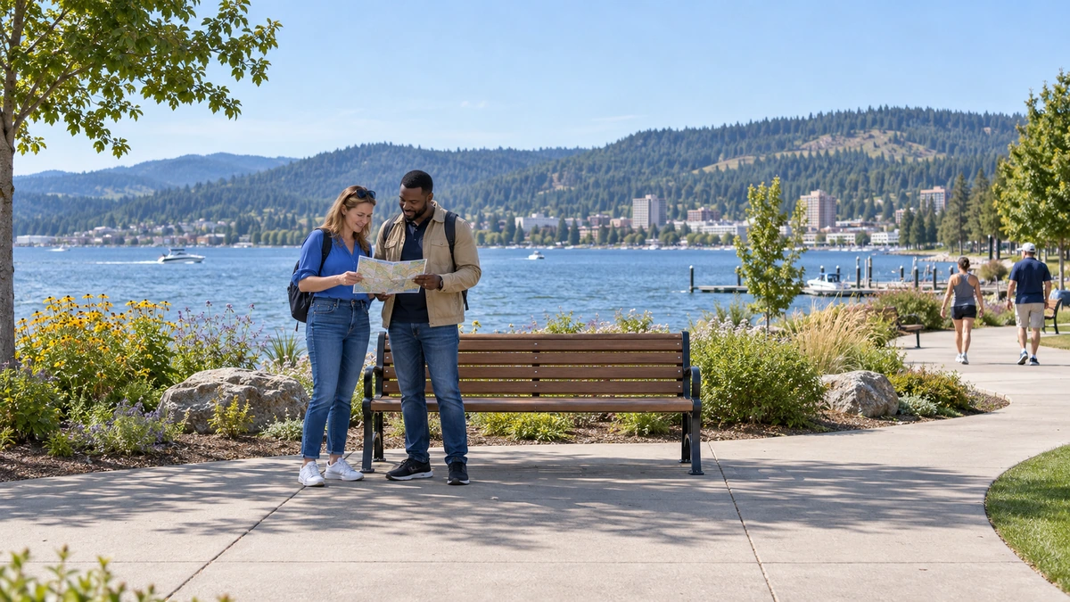 Two adults read a folded map beside a lakeside bench