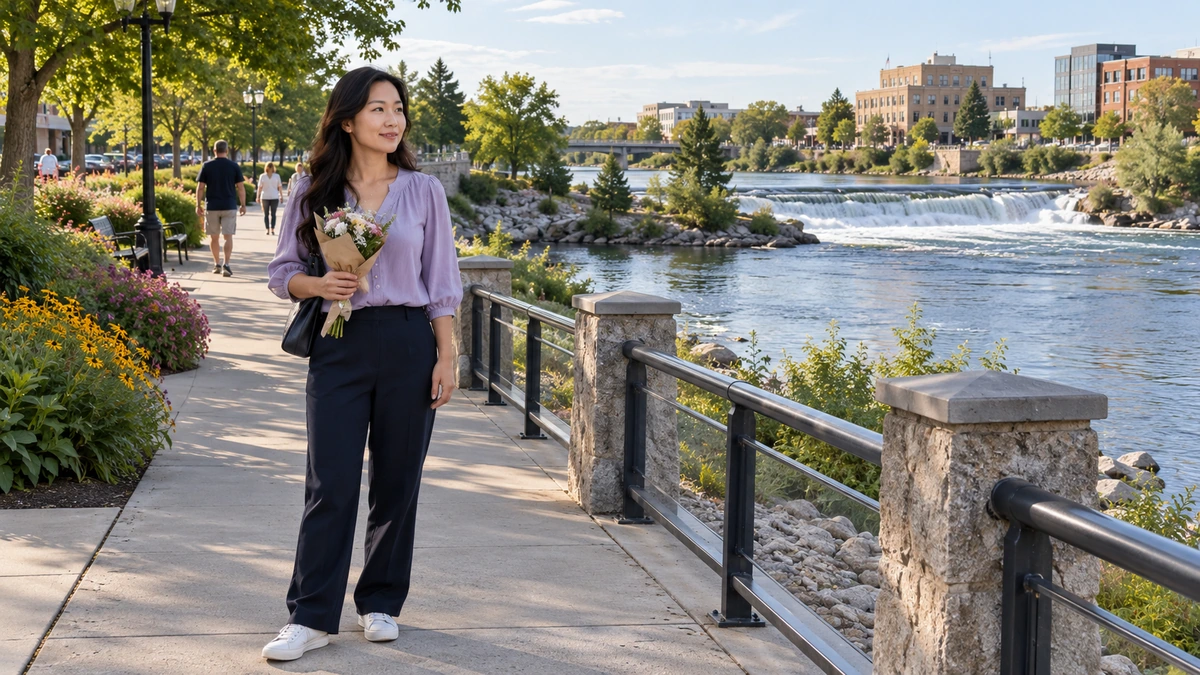 A woman holds a bouquet beside a riverwalk