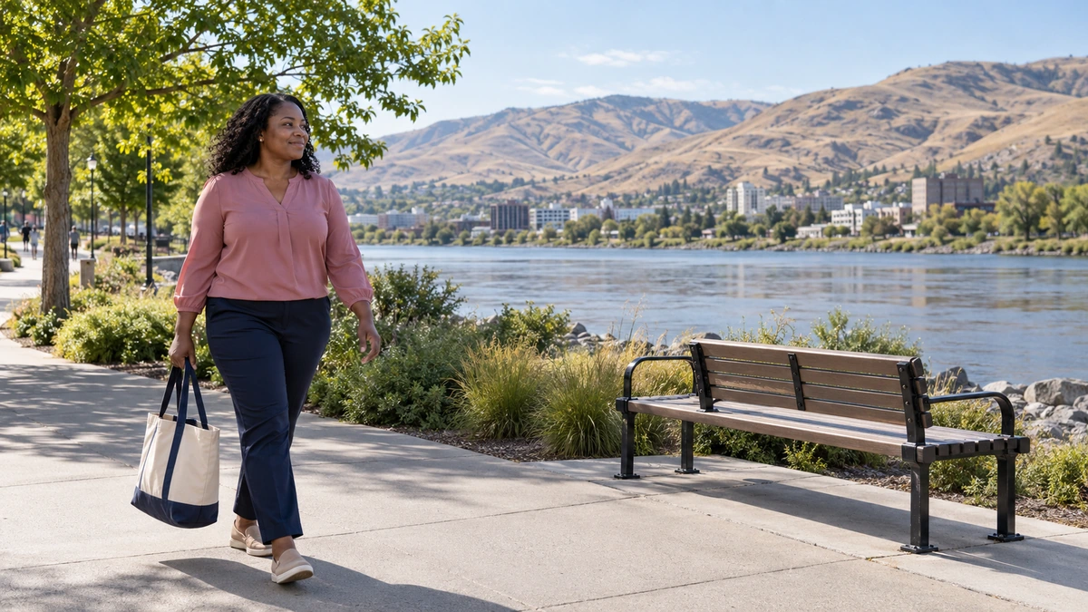 A woman carries a tote along a riverside path