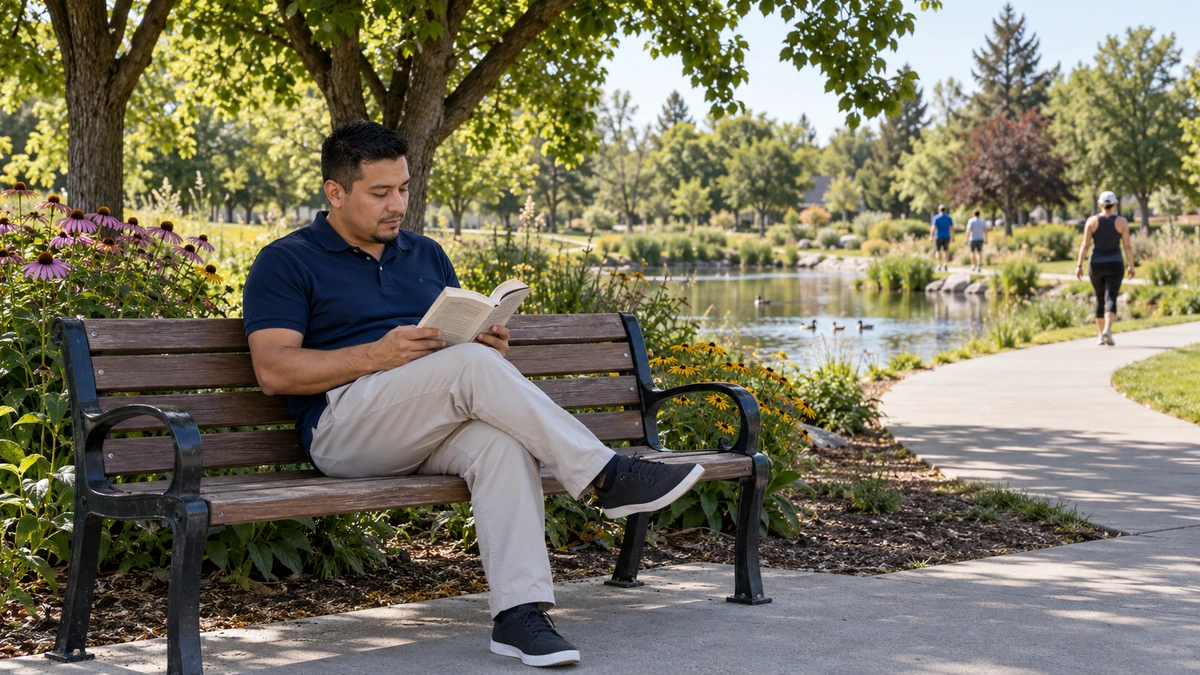 A man reads a paperback on a park bench