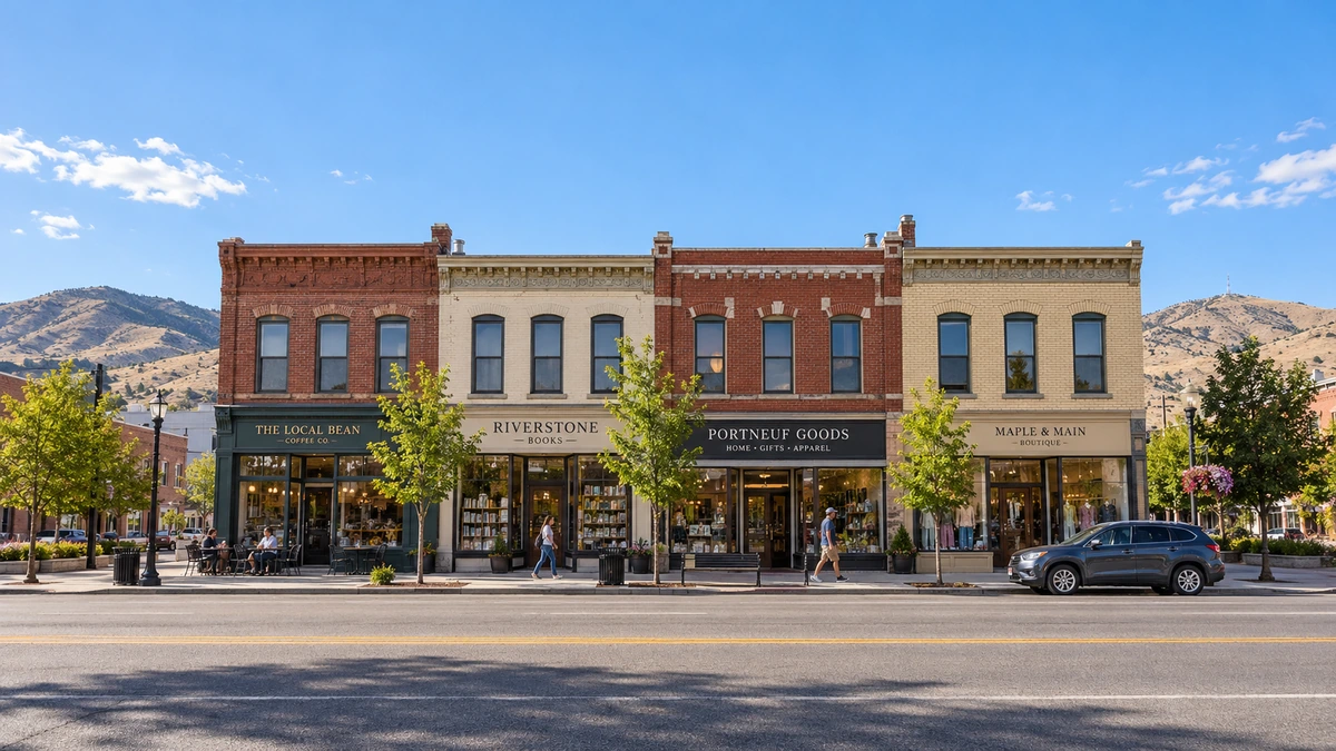 A historic-style commercial block faces a quiet city street