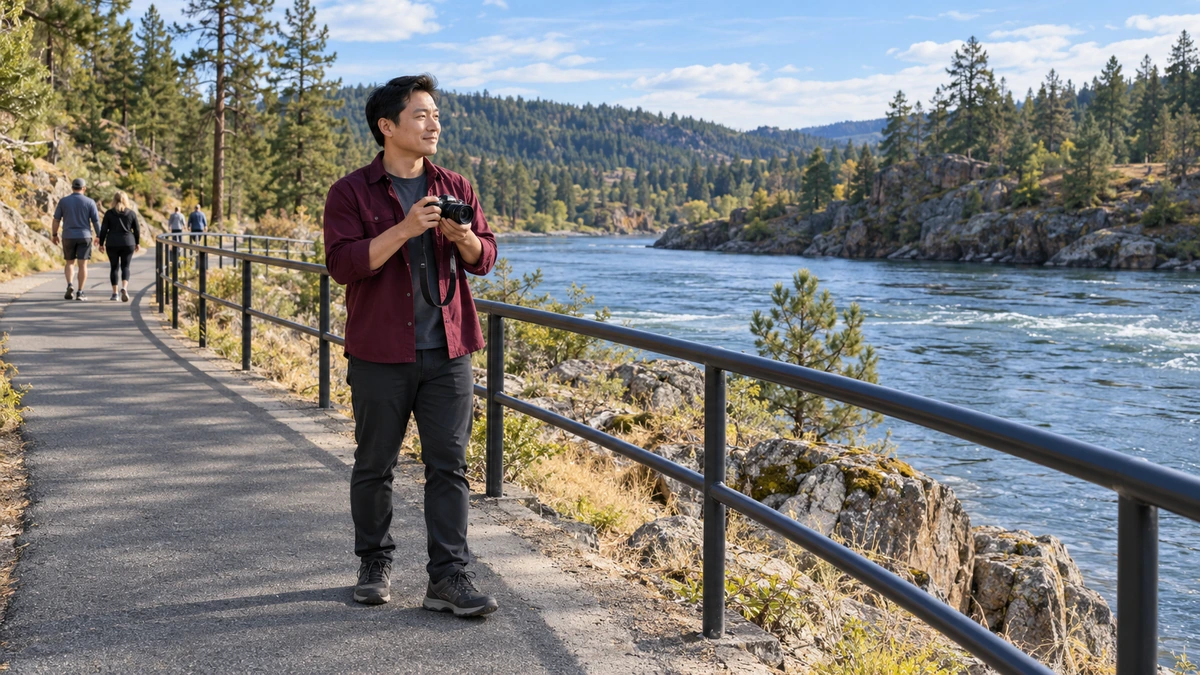 A man holds a camera beside a river path
