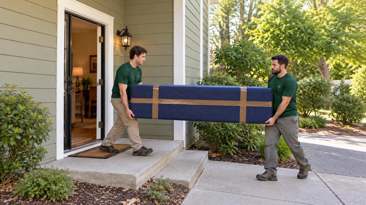 Two male movers carry a padded cabinet across a short porch-step route