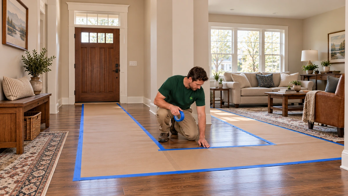 A male mover fixes protective floor paper with blue tape