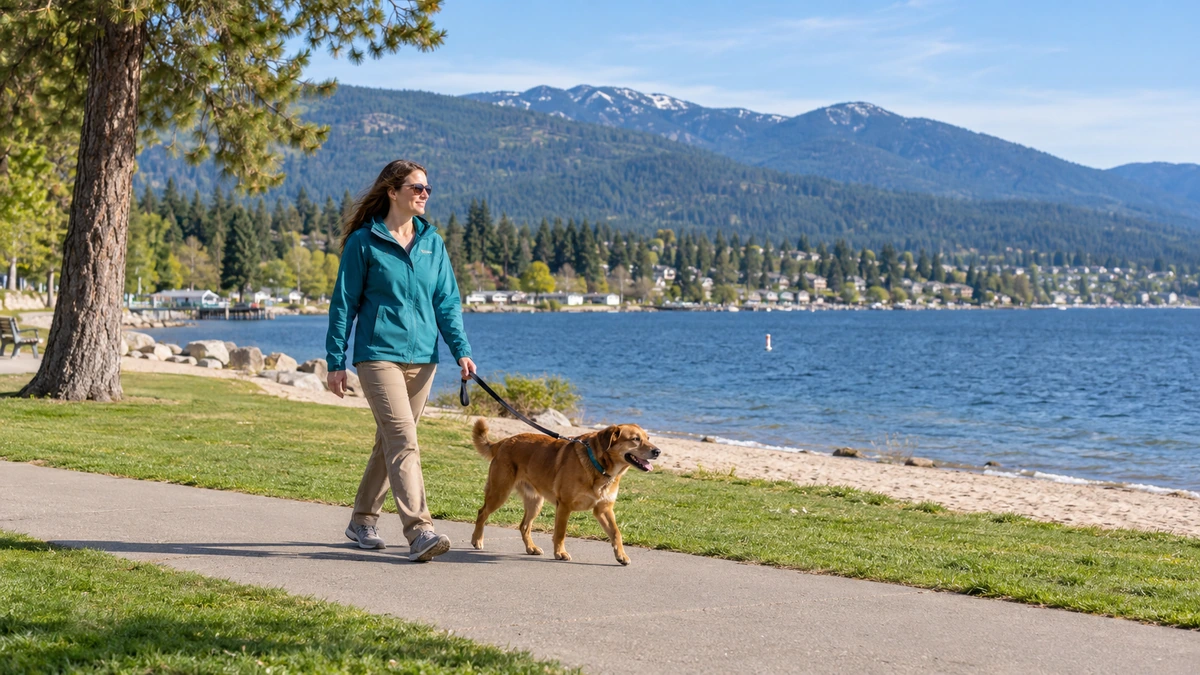 A woman walks a leashed dog beside a lake