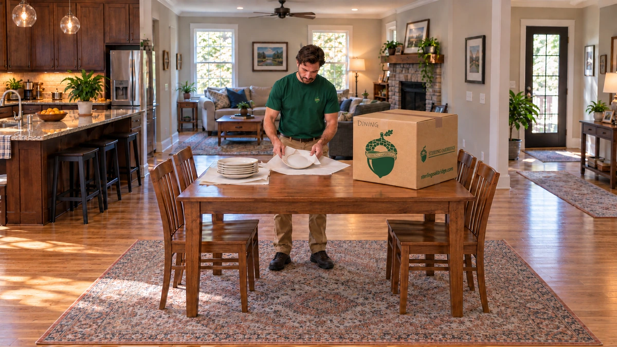 A packer folds paper around a plate beside a labeled carton