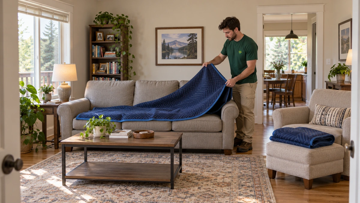 A male mover lifts a loose moving pad from a placed sofa