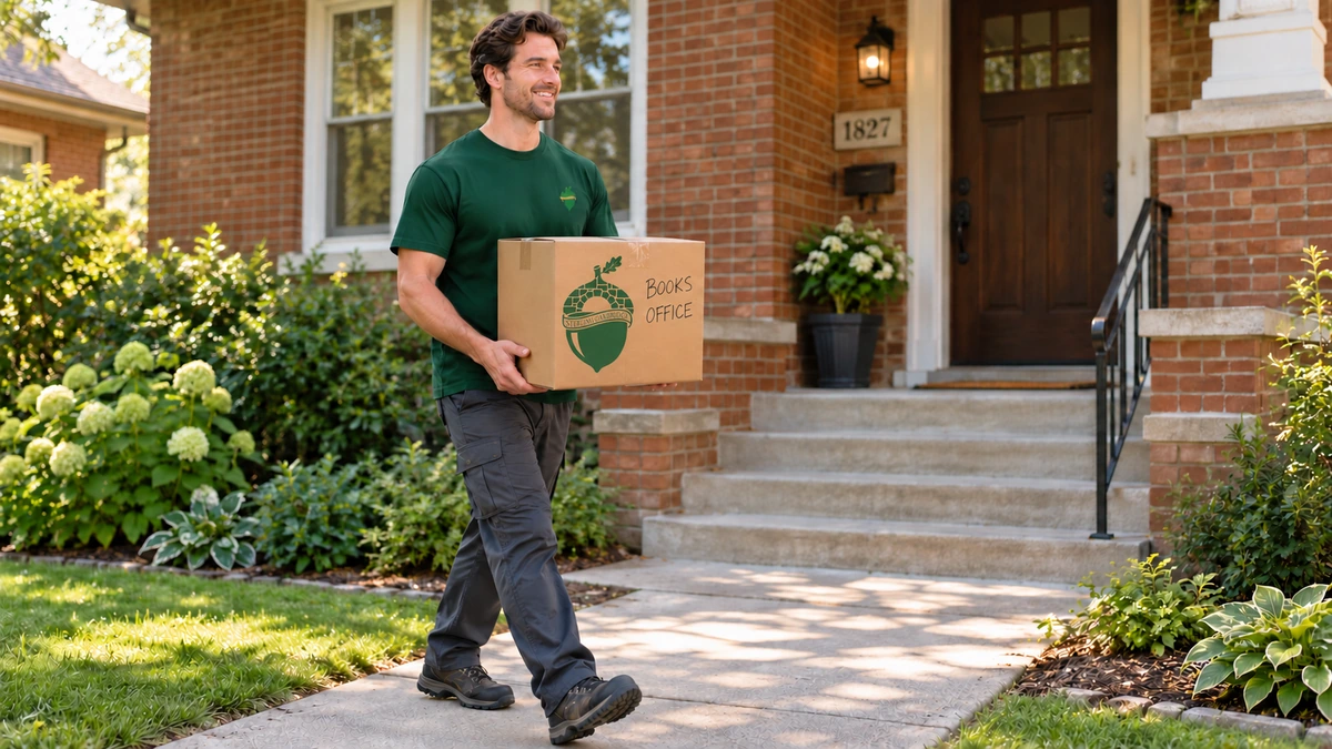 Mover supporting a closed compact book carton on a level bungalow approach