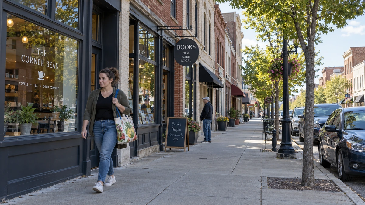 An adult with a tote walks past brick shopfronts on a tree-lined city sidewalk.