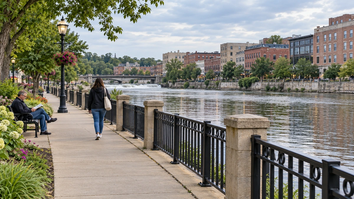 A resident walks beside a river railing while another reads on a bench, with brick city buildings across the water.