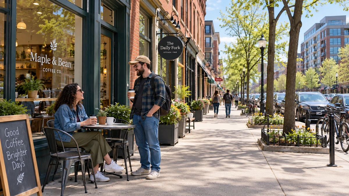 One adult sits at a sidewalk cafe table while another stands nearby holding a coffee cup.