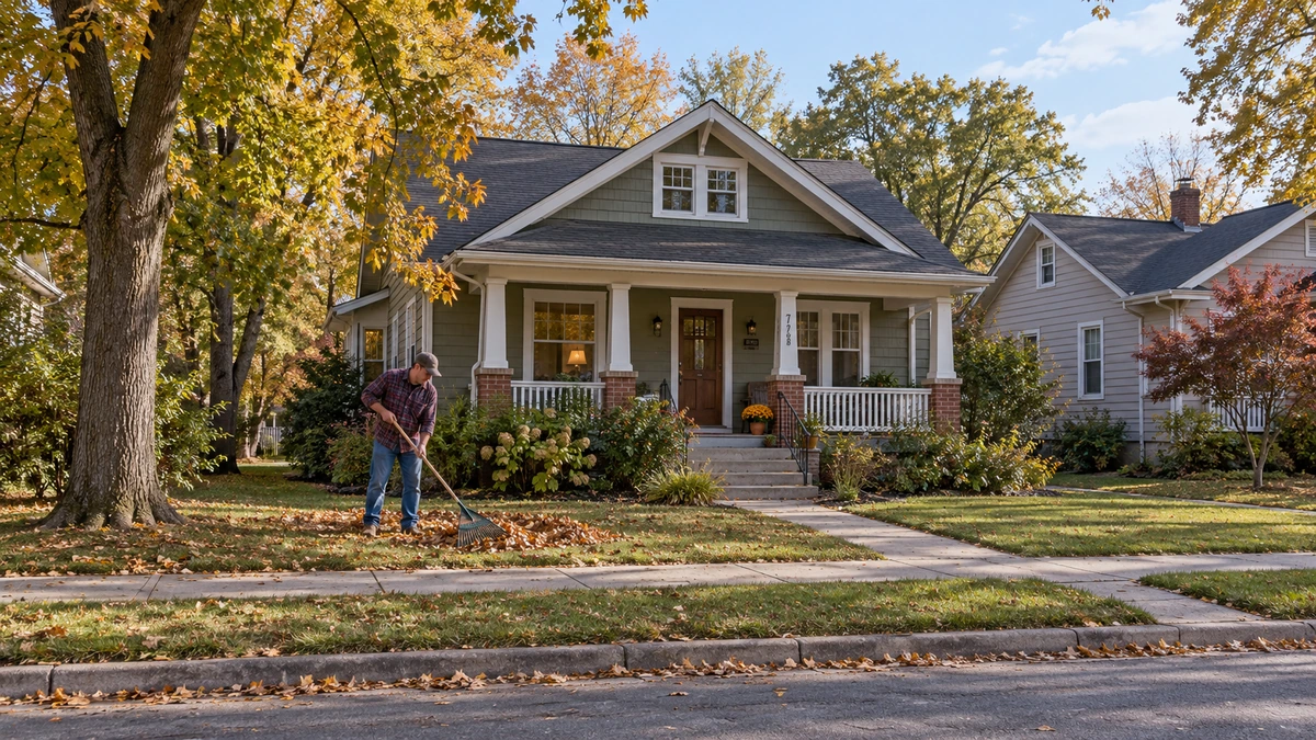 Resident raking autumn leaves beside a southern Illinois bungalow