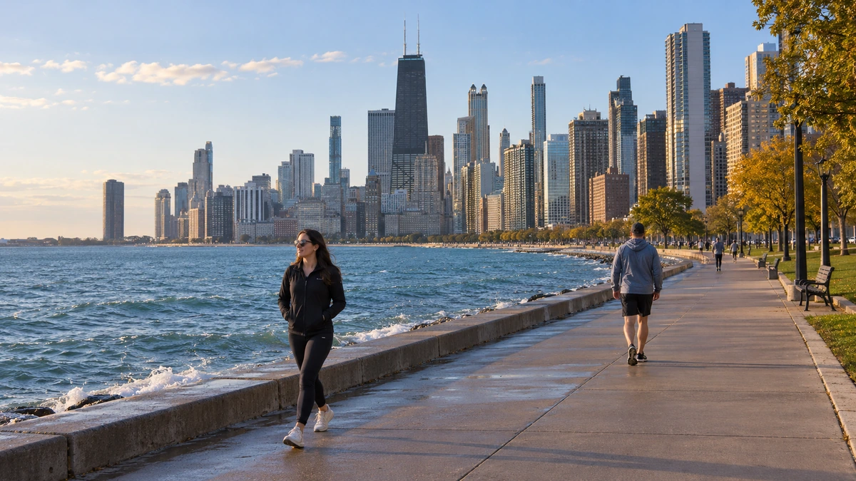 Residents walk beside Lake Michigan with a dense Chicago skyline beyond the waterfront.